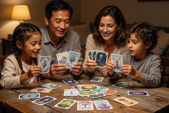 Dreamlike illustrated cards and wooden rabbit scoring tokens set for an all-ages family round