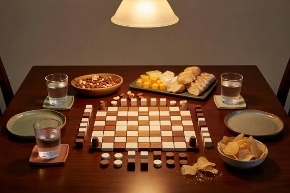 Well-ordered dining table with neatly sorted game trays, drinks placed on coasters, and warm lighting