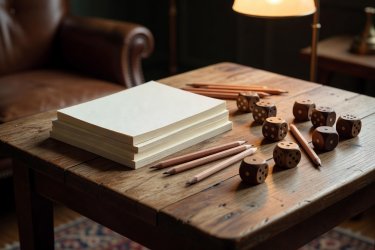 Notepads, wooden rolling dice, and simple drawing pencils prepared for social parlour word games
