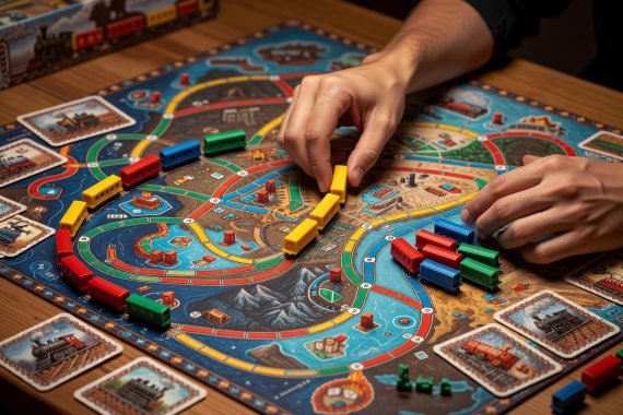 Colorful train car cards and miniature plastic locomotives laid out on a continental route board