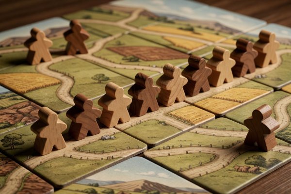 Close-up view of wooden meeple playing pieces placed carefully along country roads on cardboard landscape tiles